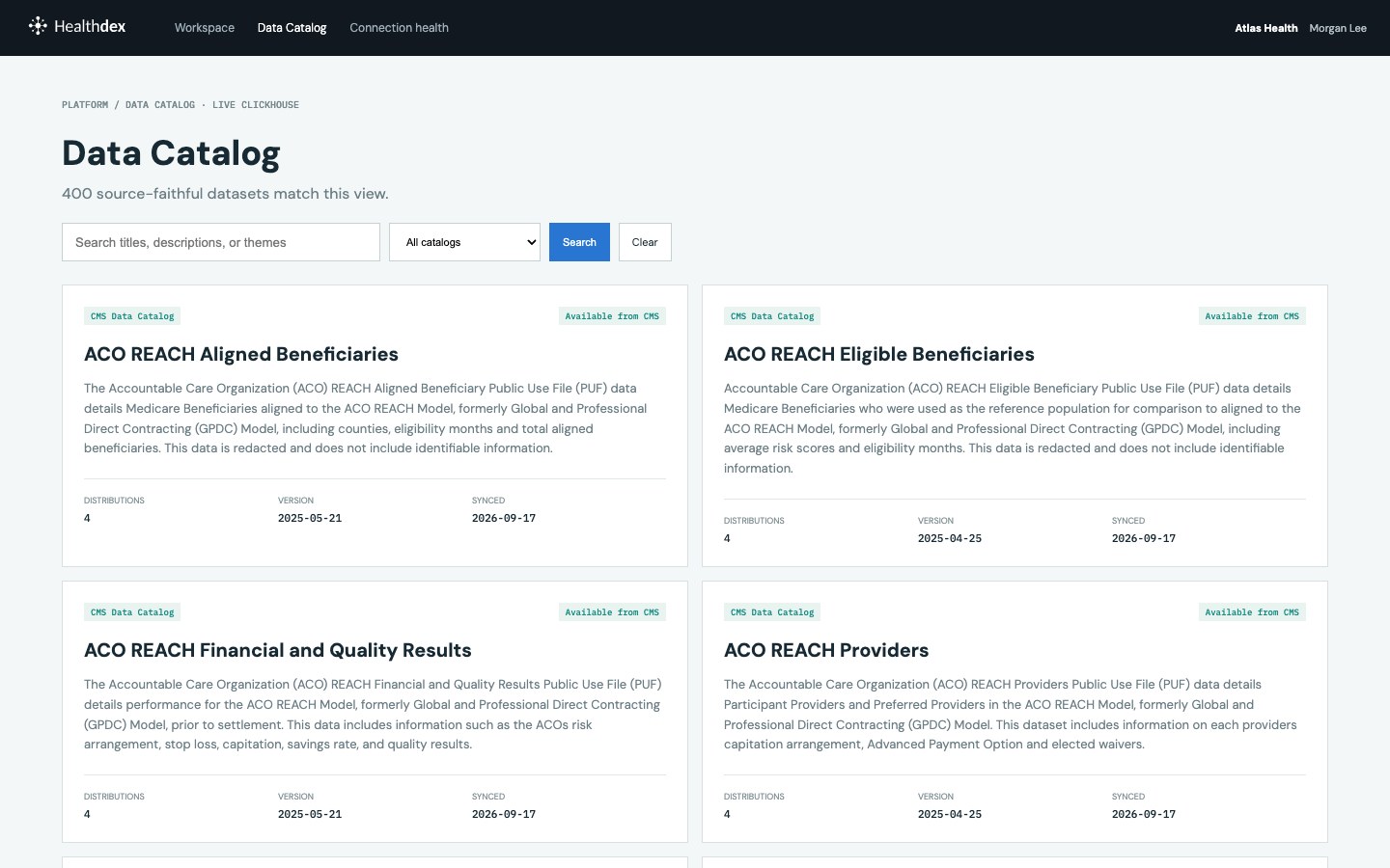 Healthdex governed Data Catalog showing healthcare datasets, publishers, versions, freshness, provenance, and relationship keys.
